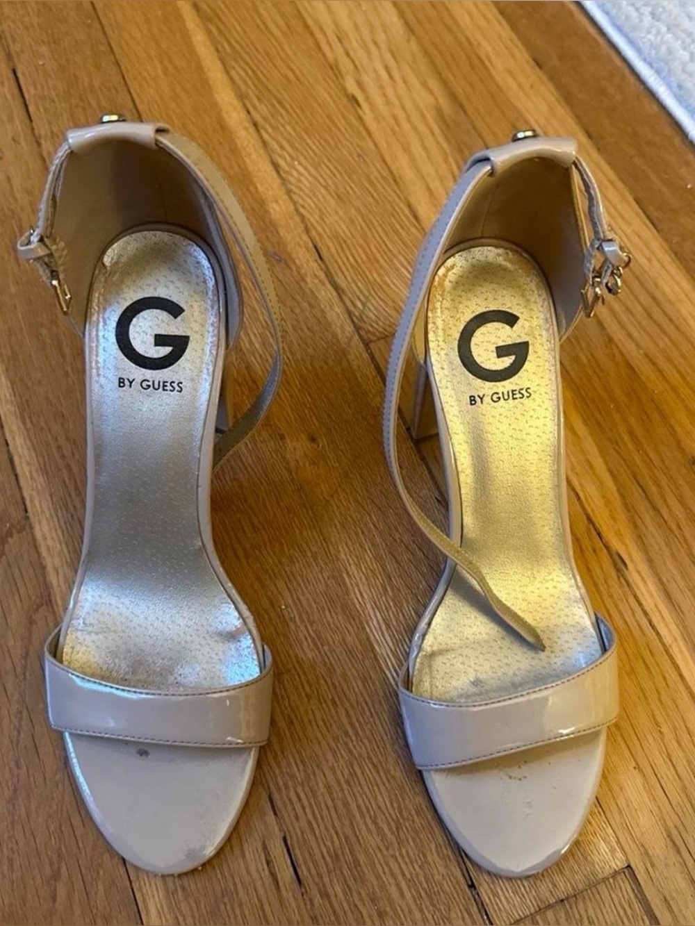 G by Guess Beige Patent Ankle-Strap Block Heels